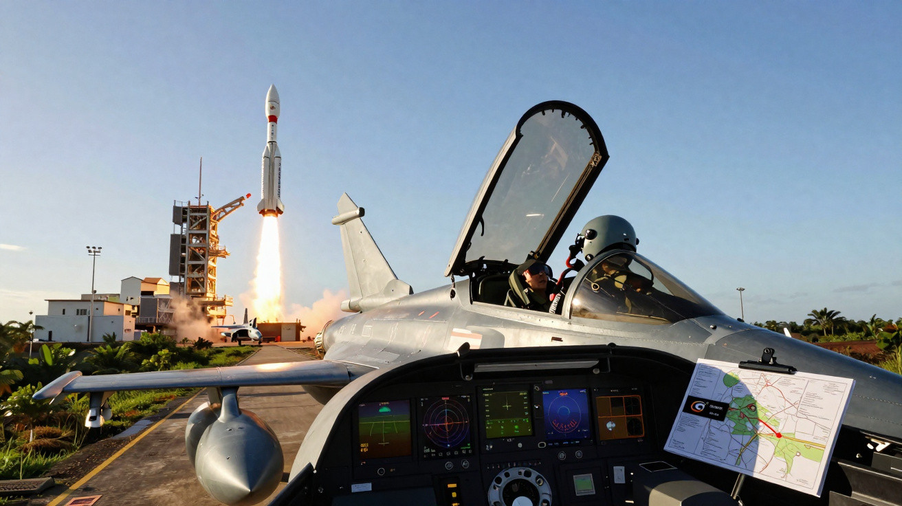 Lançamento de foguetão ao lado de jato militar estacionado com piloto na cabine aberta ao amanhecer.