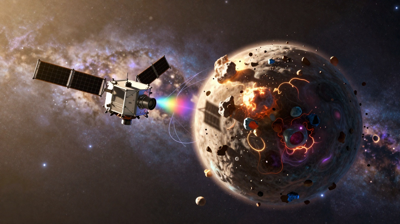 Sonda espacial próxima a um asteroide com rochas e explosões energéticas no espaço profundo.