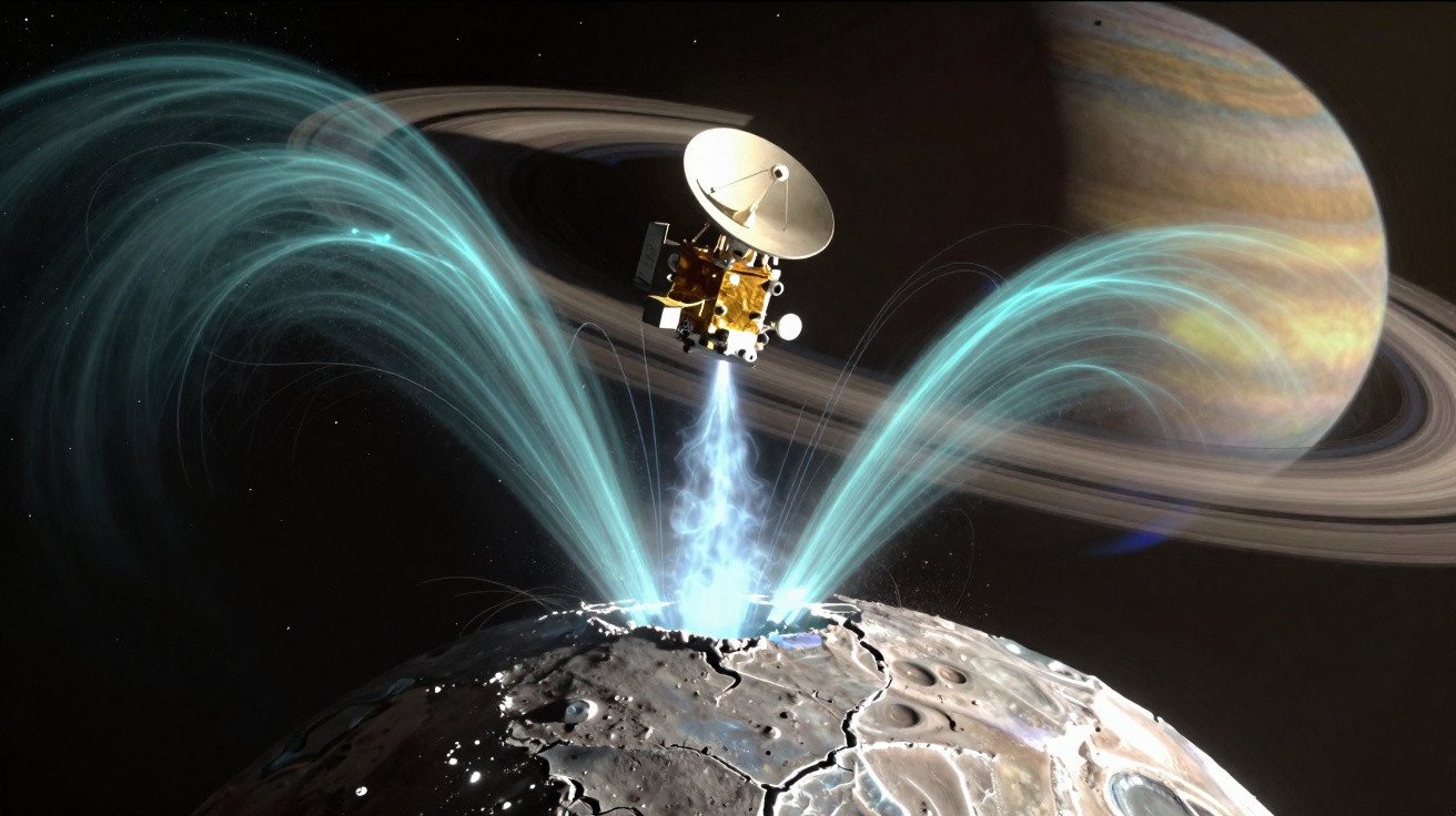 Sonda espacial sobre lua congelada de Saturno, com emissões de energia azul e o planeta Saturno ao fundo.