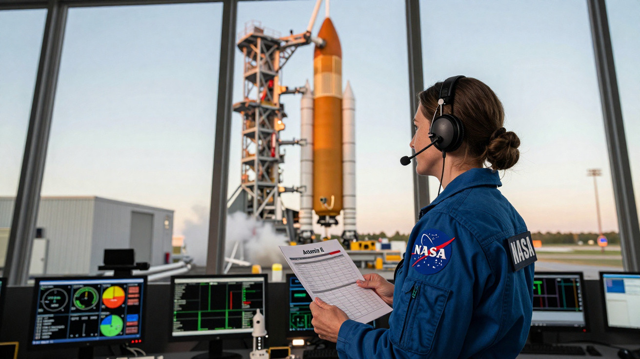Mulher com fato da NASA e headset monitora lançamento de foguetão numa central de controlo com vários ecrãs.