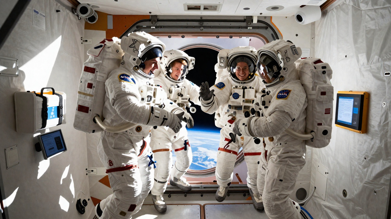 Quatro astronautas em trajes espaciais dentro de uma estação espacial com vista para a Terra.
