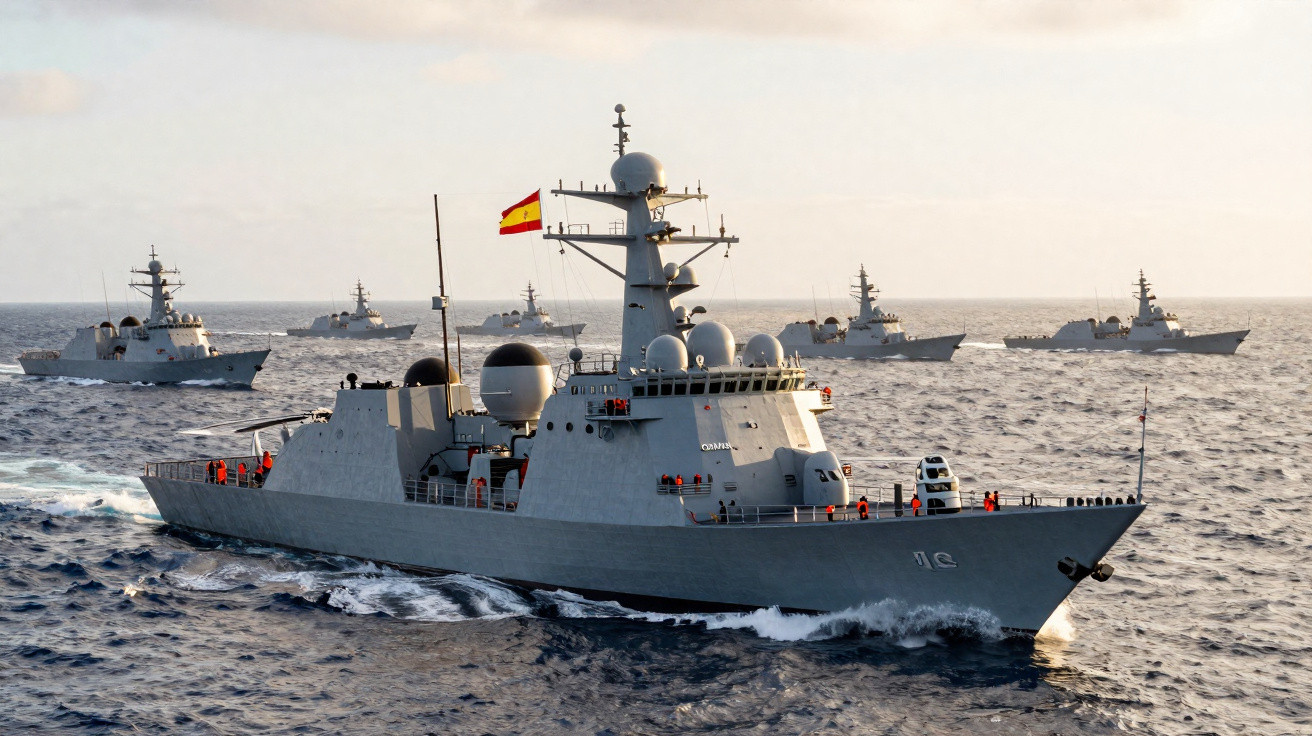 Fragata com bandeira espanhola na frente de uma esquadra naval em mar calmo durante o dia.