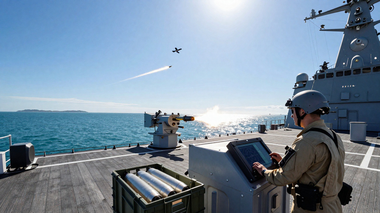 Militar numa embarcação naval a controlar um sistema de defesa enquanto um drone lança um míssil no céu.