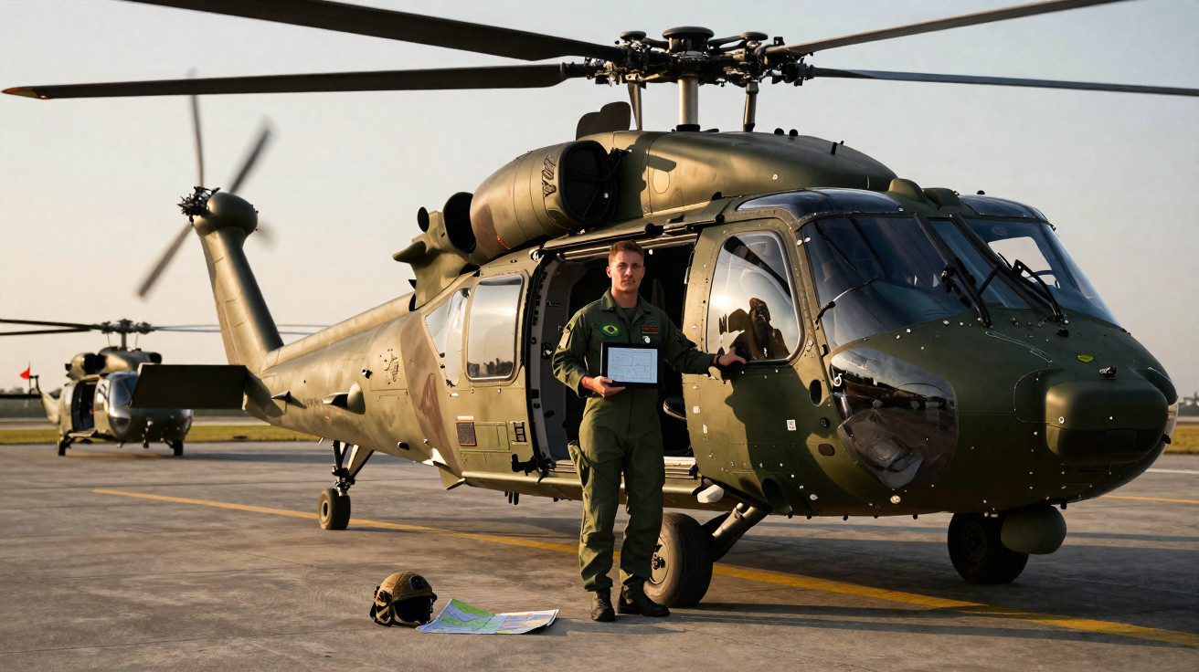 Soldado em uniforme militar com certificado na mão junto a helicóptero verde numa pista de aterragem ao pôr do sol.