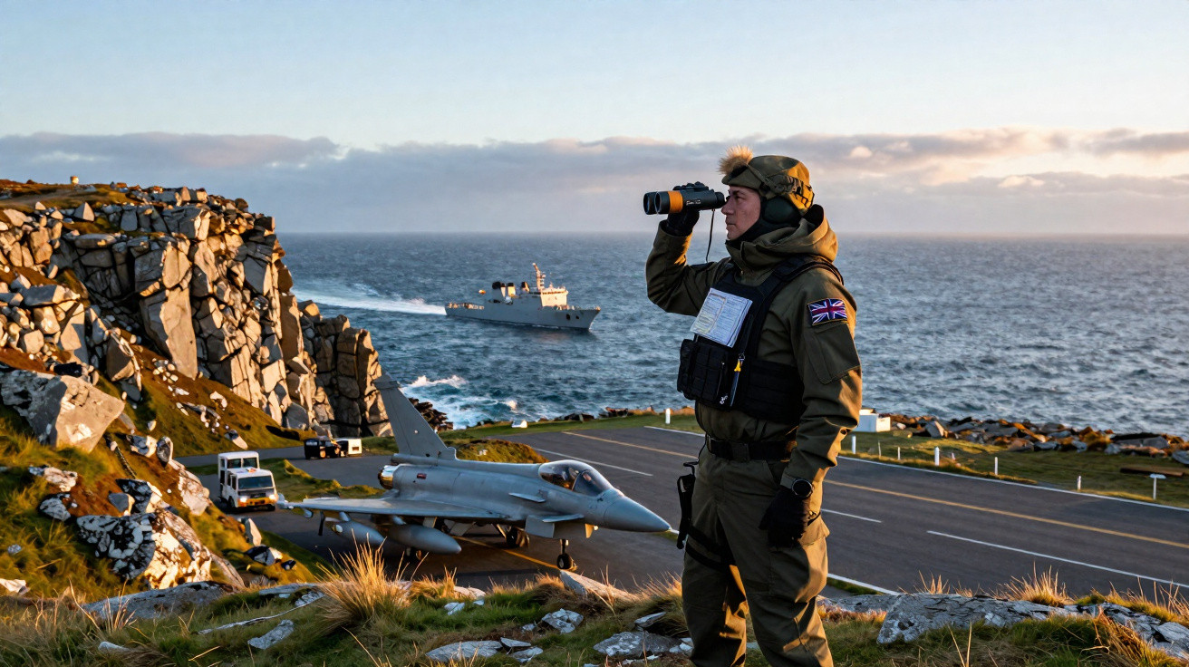 Militar com binóculos observa mar perto de avião de caça e navio, em cenário costeiro rochoso ao pôr do sol.
