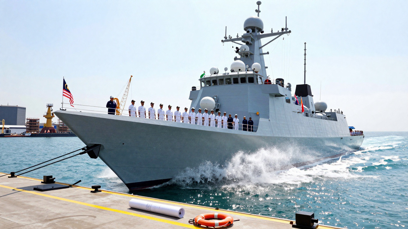 Cruzador naval cinzento atracado com tripulação alinhada no convés, água agitada e céu claro ao fundo.