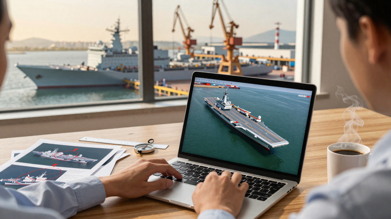Pessoa a analisar imagem de porta-aviões no computador, com navios e gruas visíveis através da janela.