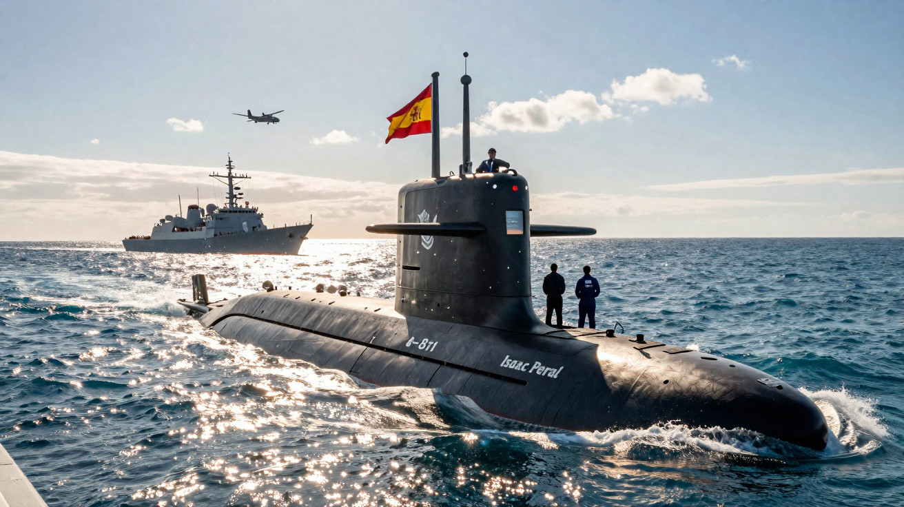 Submarino espanhol Isaac Peral na superfície do mar com navio e avião ao fundo.