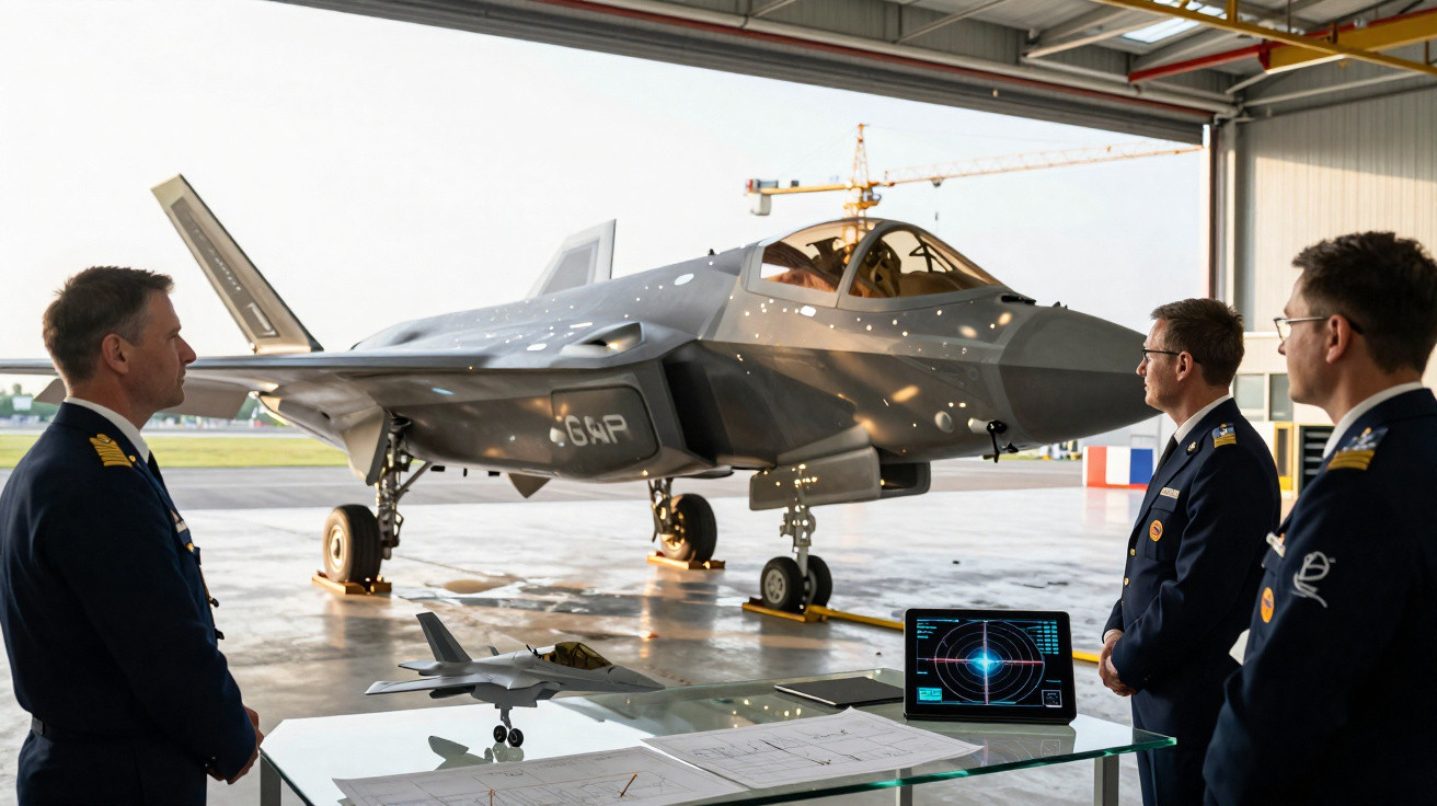 Três militares observam um caça F-35 estacionado numa plataforma coberta com maquete e ecrã técnico à frente.