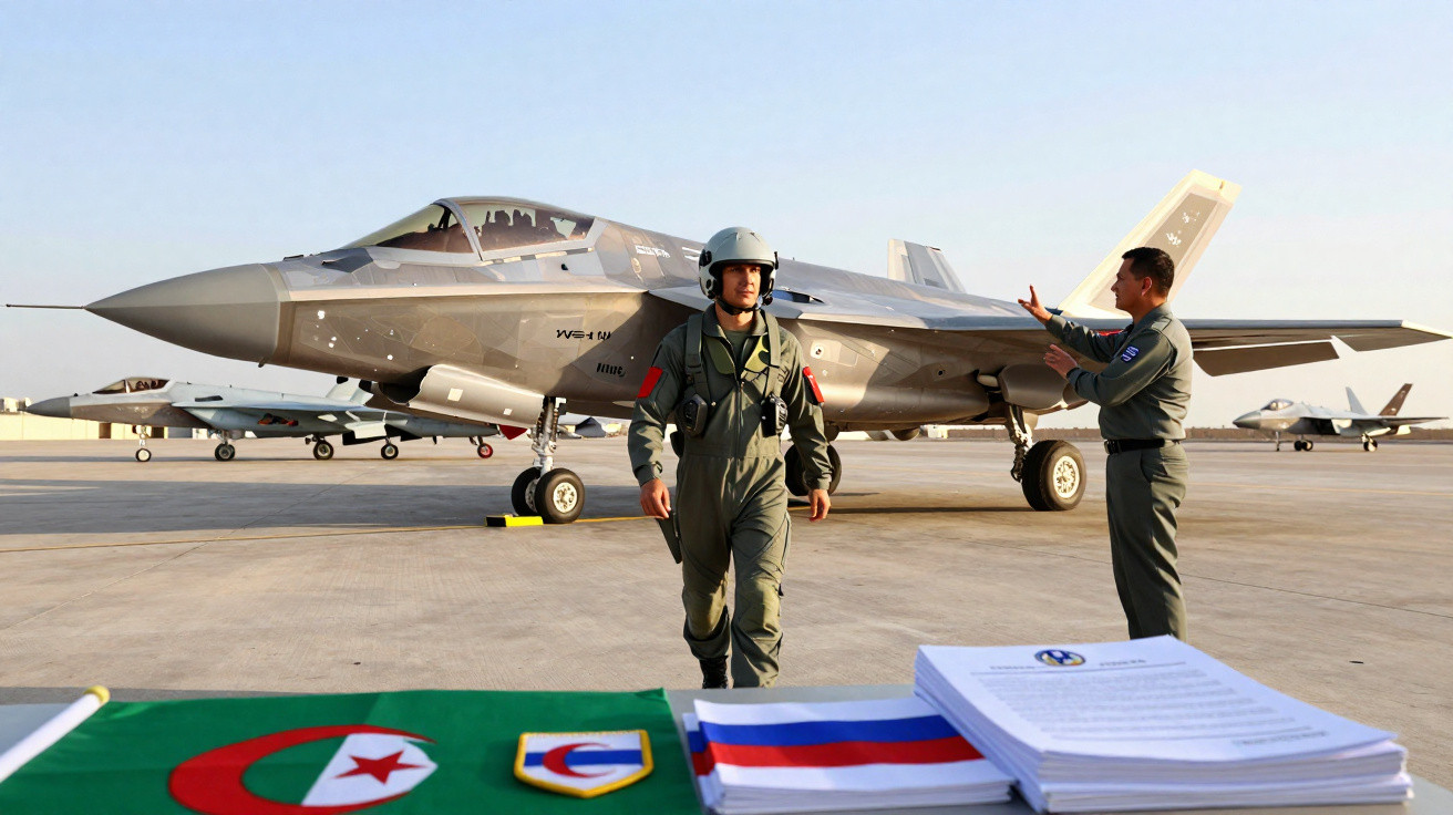 Dois pilotos militares com fatos de voo junto a caças estacionados numa pista de aeroporto militar.