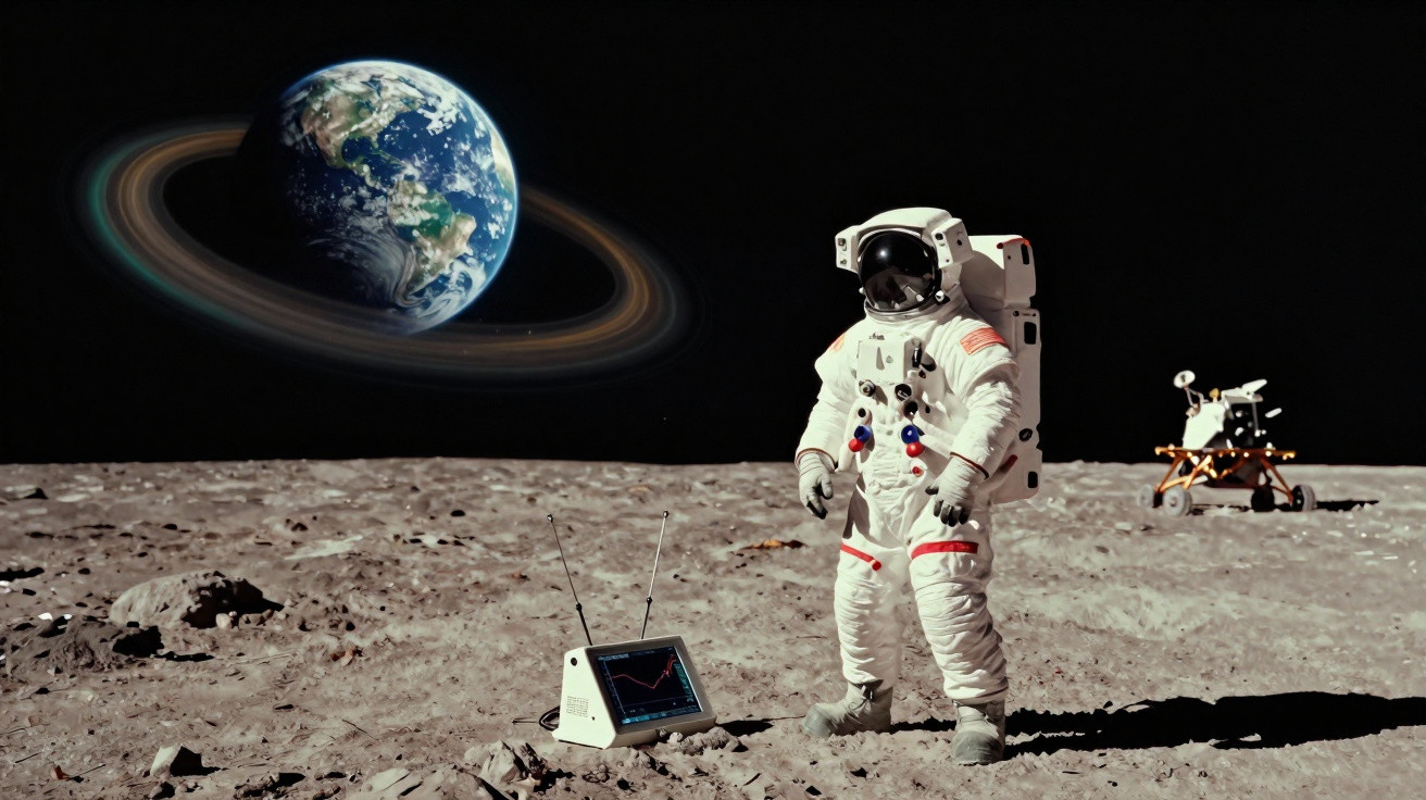 Astronauta em fato espacial na superfície lunar com Terra gigante e anéis visíveis no céu escuro.