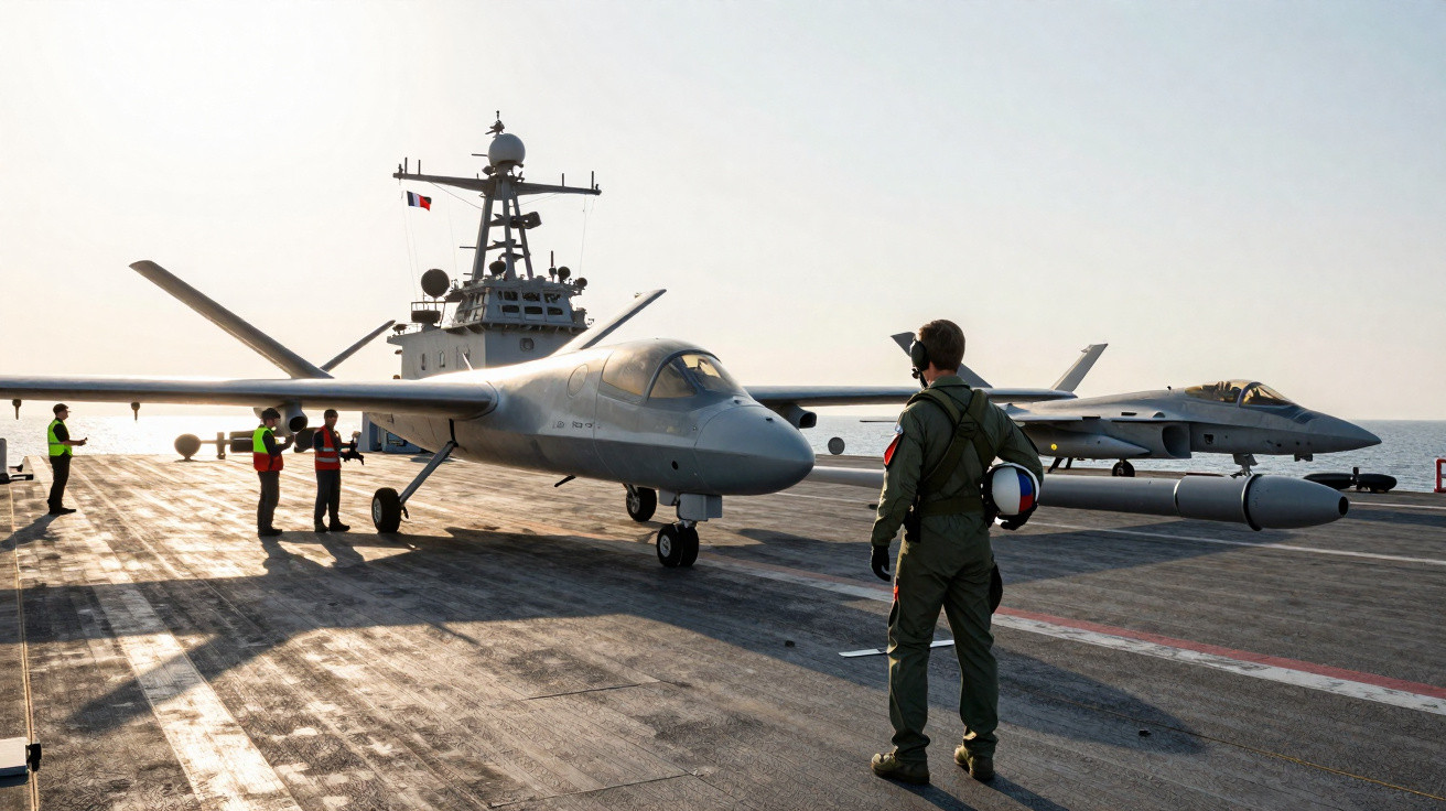 Aeronaves militares em convés de porta-aviões com tripulação em tarefa ao pôr do sol no mar.