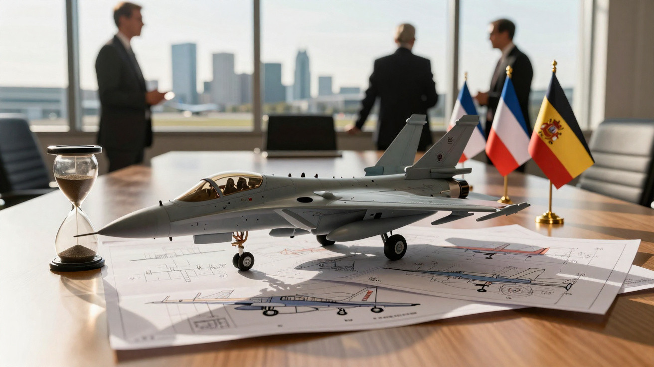Modelo de avião de caça sobre desenhos técnicos numa mesa de reuniões com três pessoas e bandeiras da França e Alemanha ao fu