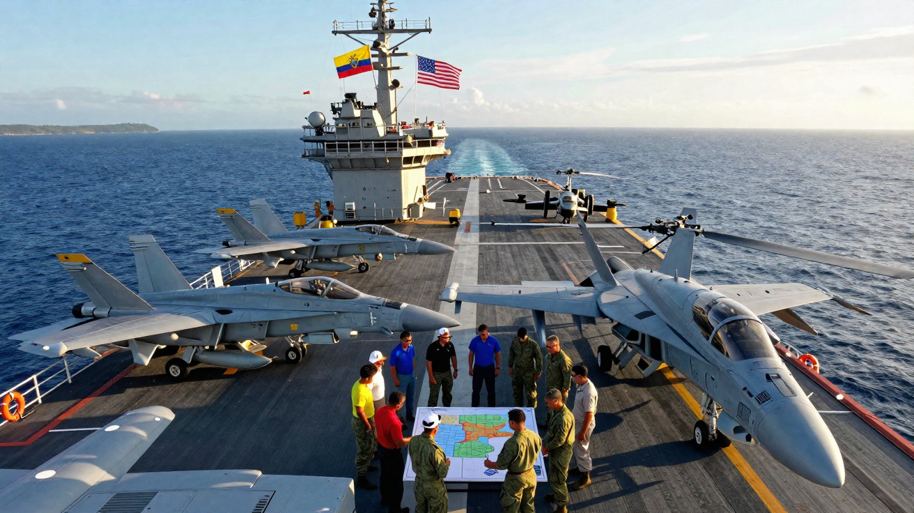 Militares reunidos em porta-aviões com aviões de combate e helicóptero ao mar aberto.