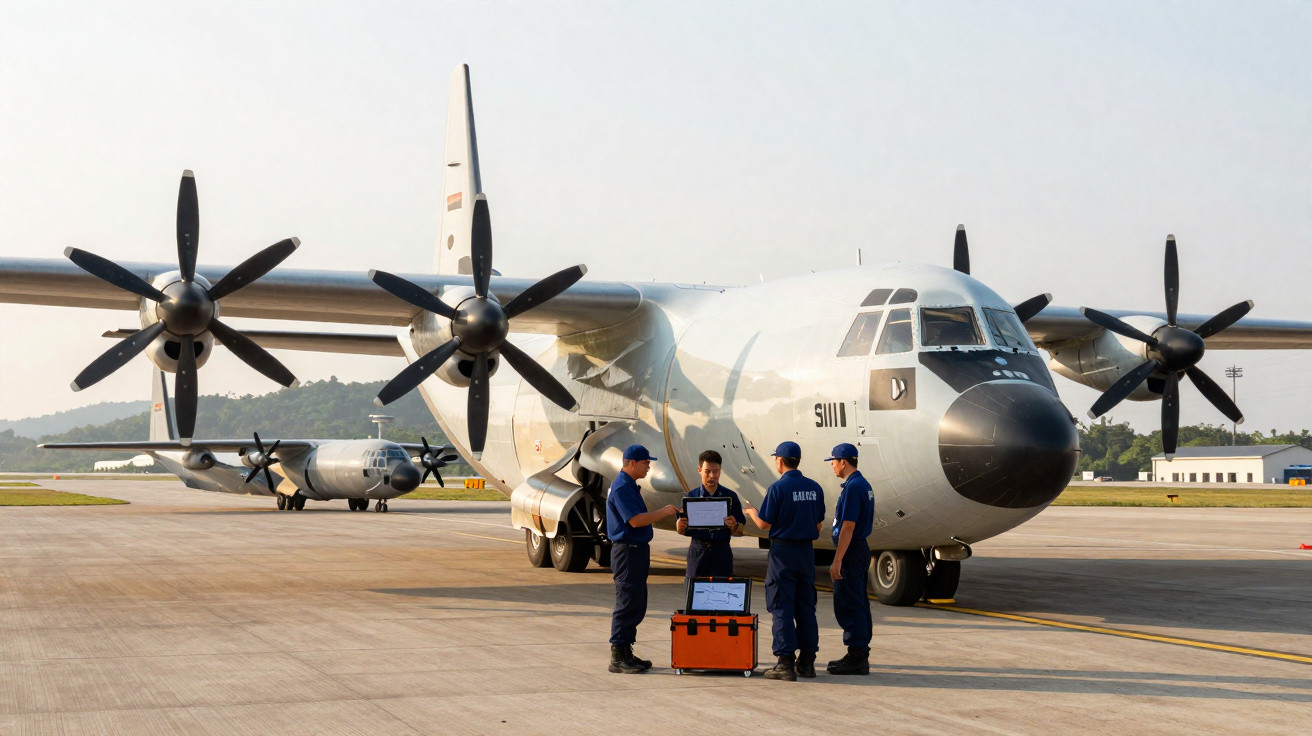 Quatro militares em frente a um avião táctico estacionado numa pista de aeroporto ao amanhecer.