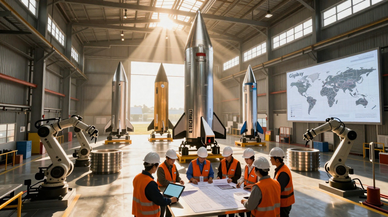 Equipa de engenheiros com capacetes em reunião num armazém com modelos de foguetões e braços robóticos.