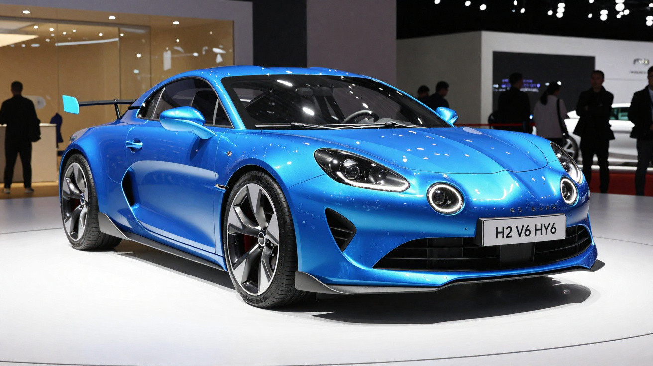 Carro desportivo azul com design moderno e linhas aerodinâmicas exposto em salão automóvel.