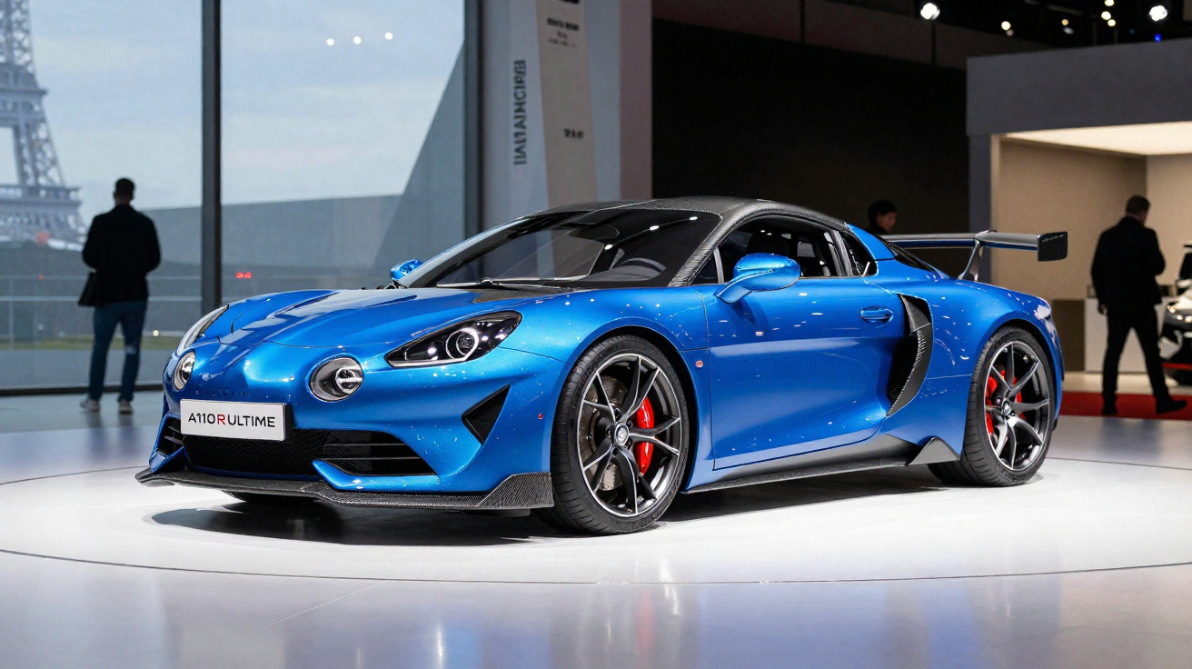 Carro desportivo azul brilhante A110 R Ultimate exposto numa sala de automóveis com vista para a Torre Eiffel.