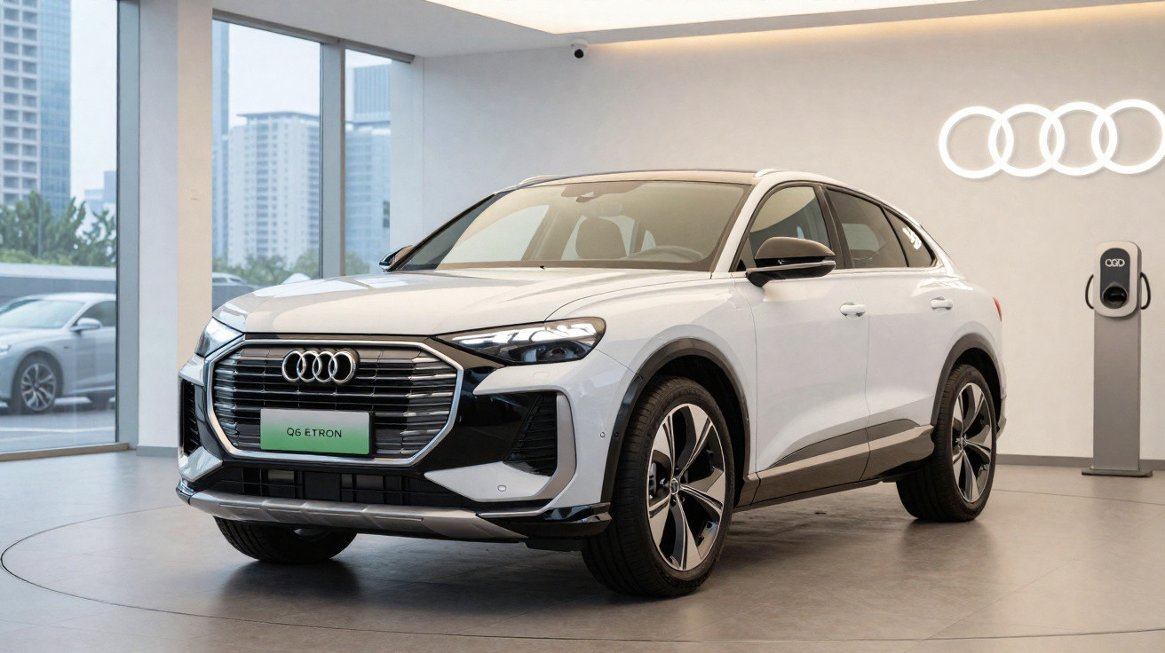 Audi Q6 E-Tron elétrico branco exposto numa sala clara com logótipo iluminado da Audi na parede.