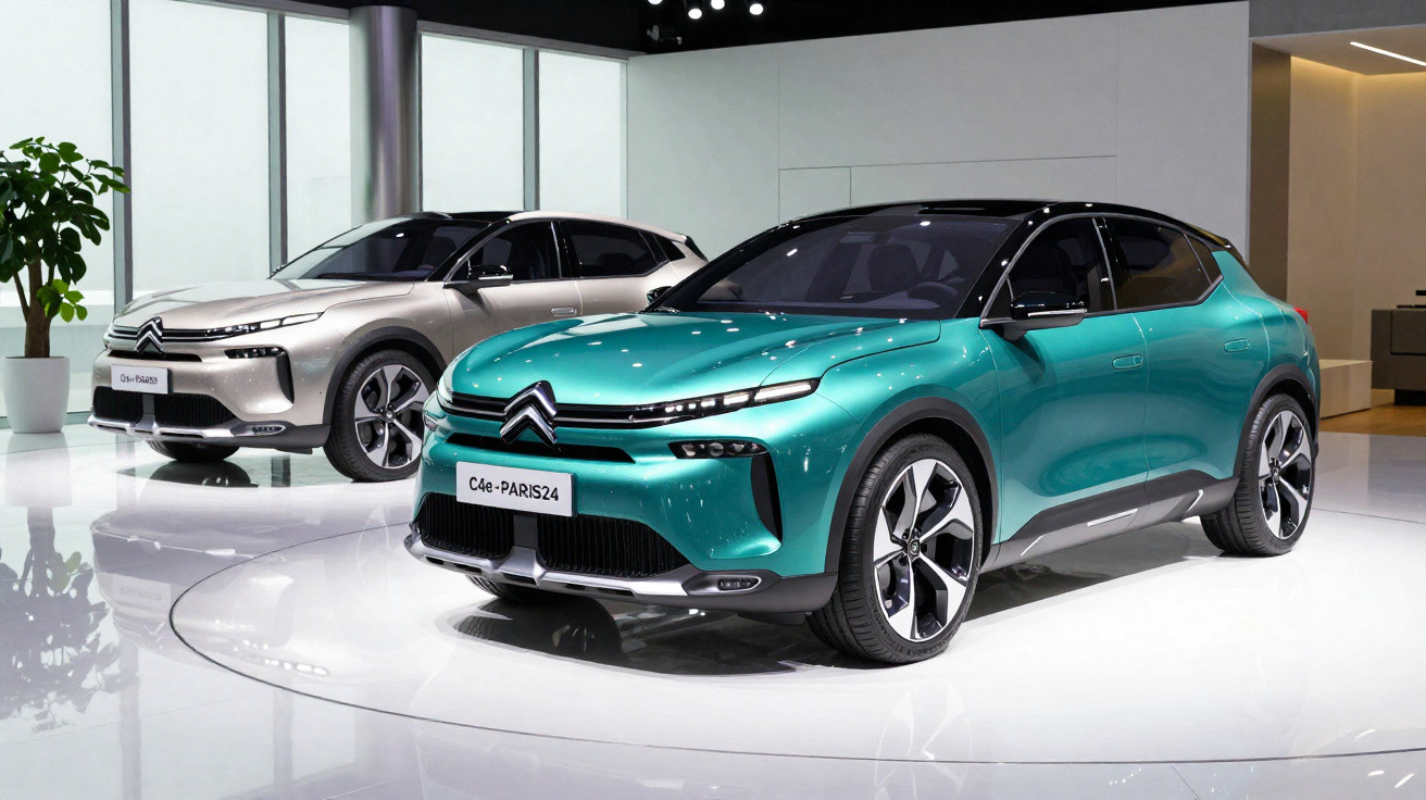 Dois carros elétricos Citroën em exposição, um verde turquesa em primeiro plano e um cinza metálico ao fundo.