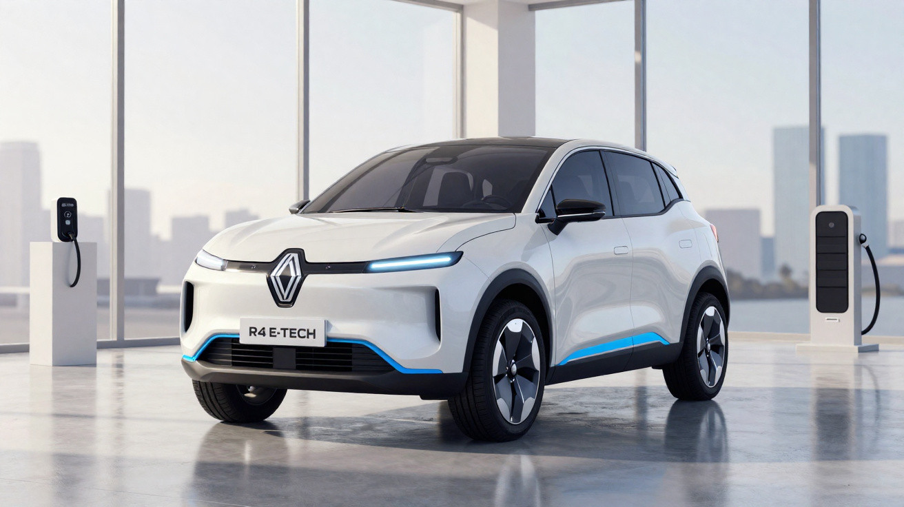 Carro elétrico branco Renault R4 E-Tech num showroom moderno com estações de carregamento ao fundo.