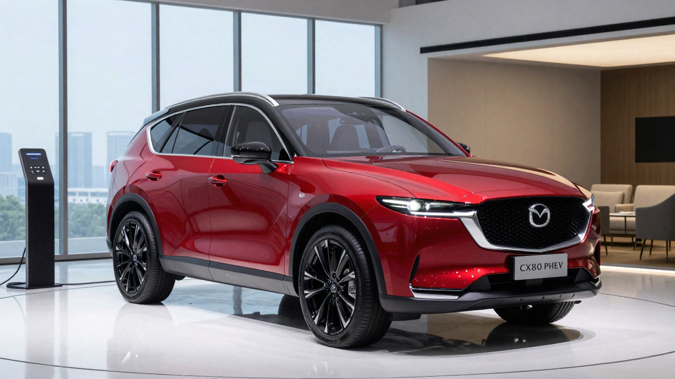 Carro SUV Mazda CX-80 PHEV vermelho num showroom moderno com chão branco e grandes janelas.