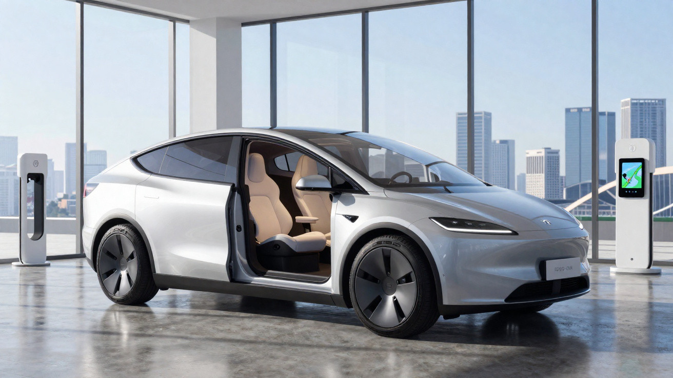 Carro elétrico branco com porta aberta em espaço moderno com janelas amplas e vistas urbanas ao fundo.