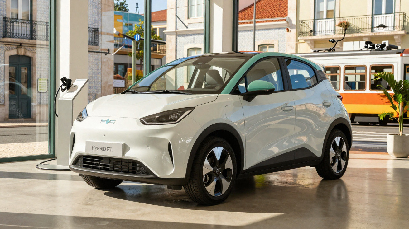 Carro elétrico branco estacionado em showroom com janela ampla e elétrico a carregar ao fundo.