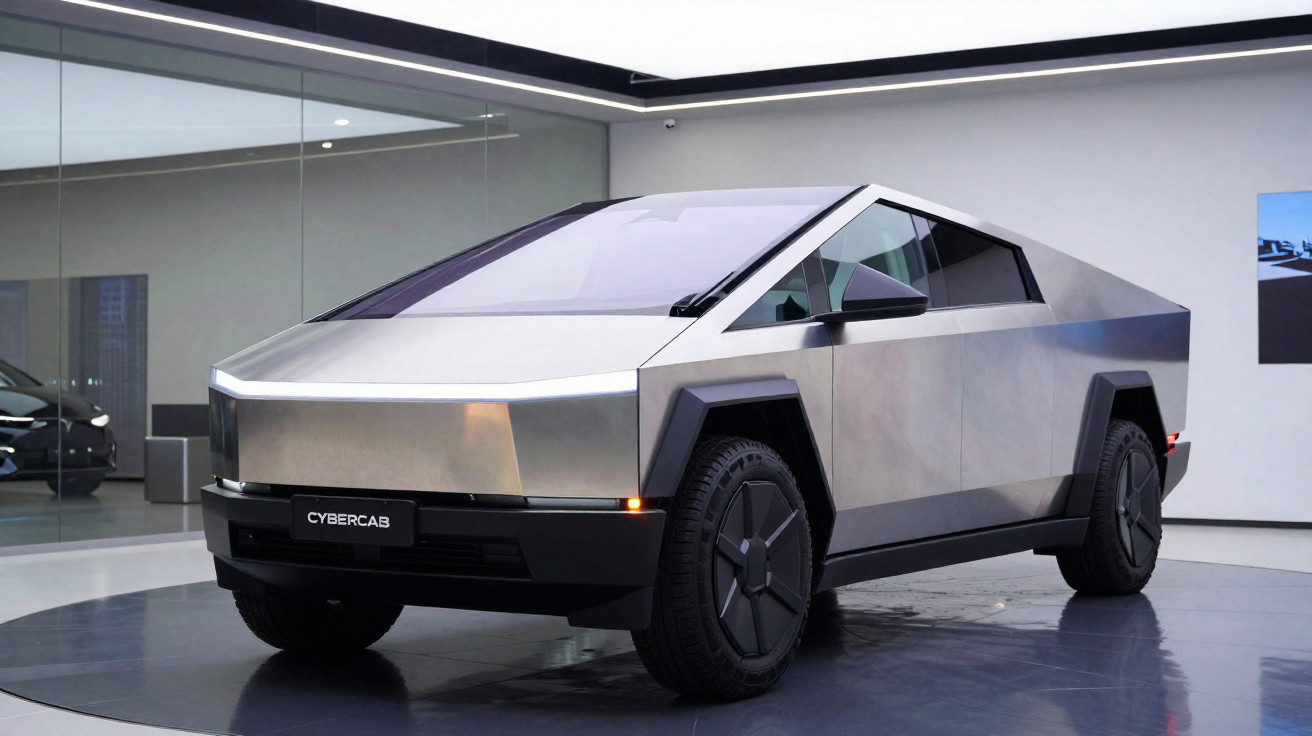 Carro elétrico Tesla Cybertruck futurista com corpo prateado e formas angulares em exposição interior.
