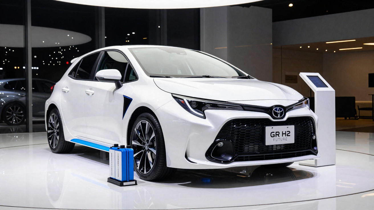 Carro branco Toyota GR H2 Future exposto em showroom moderno com bateria azul ao lado.