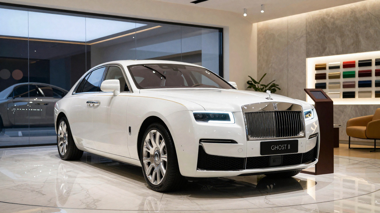 Carro de luxo Rolls-Royce Ghost II branco numa sala com pavimento em mármore e amostras de cores na parede.
