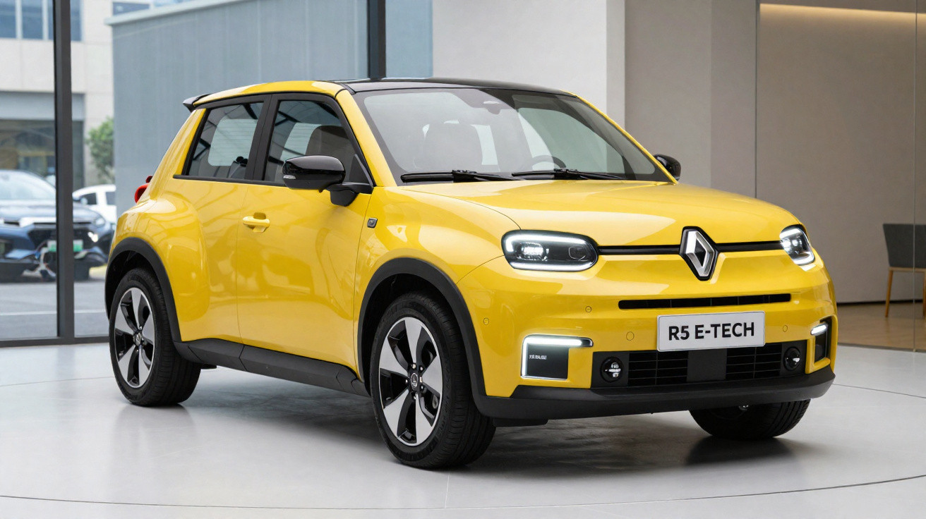 Automóvel elétrico Renault R5 E-TECH amarelo estacionado em exposição interior moderna.