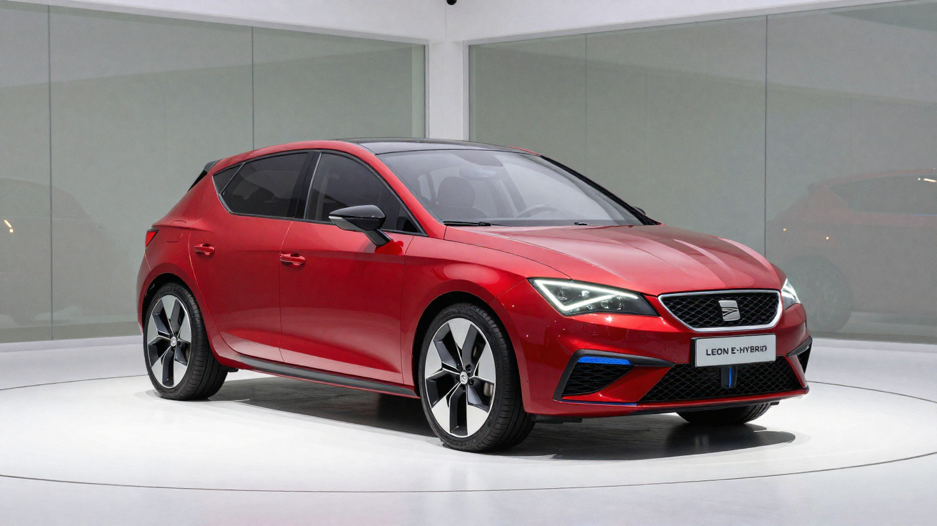 Automóvel Seat Leon E-Hybrid vermelho exposto em espaço interior com iluminação branca.