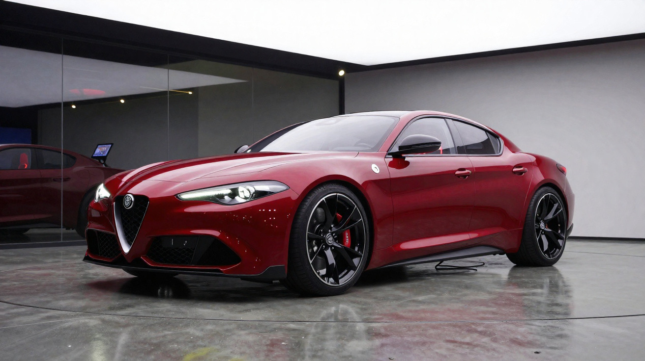Carro desportivo Alfa Romeo vermelho estacionado em pavimento de cimento polido numa sala moderna.
