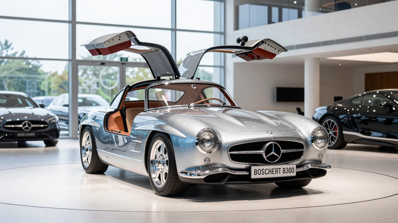 Carro clássico desportivo Mercedes prateado com portas abertas em asa de gaivota numa exposição.
