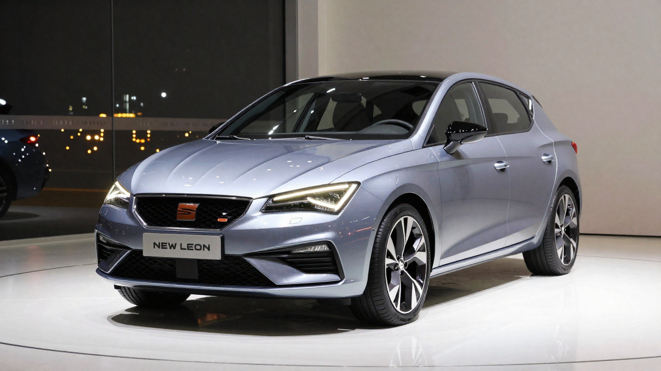 Automóvel SEAT New Leon cinzento prateado em exposição, vista frontal ligeira, luzes dianteiras acesas.