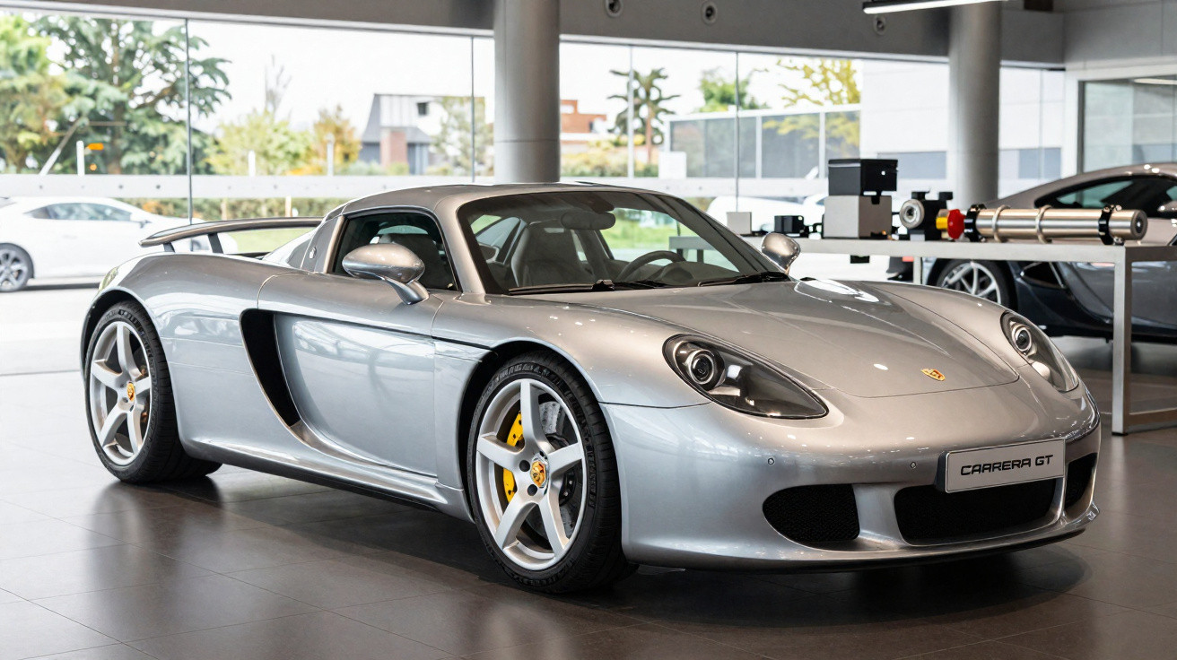 Carro desportivo Porsche Carrera GT prata em exposição num showroom moderno e luminoso.
