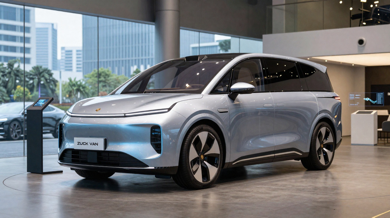 Carro elétrico Zuck Van prata estacionado num showroom moderno com grandes janelas e edifícios ao fundo.