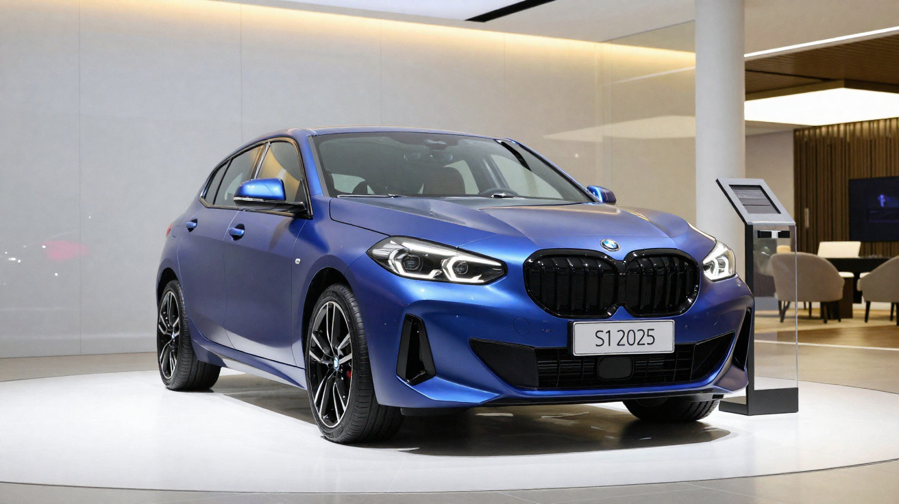 Carro BMW azul metálico modelo S1 2025 exposto em salão moderno com iluminação suave.
