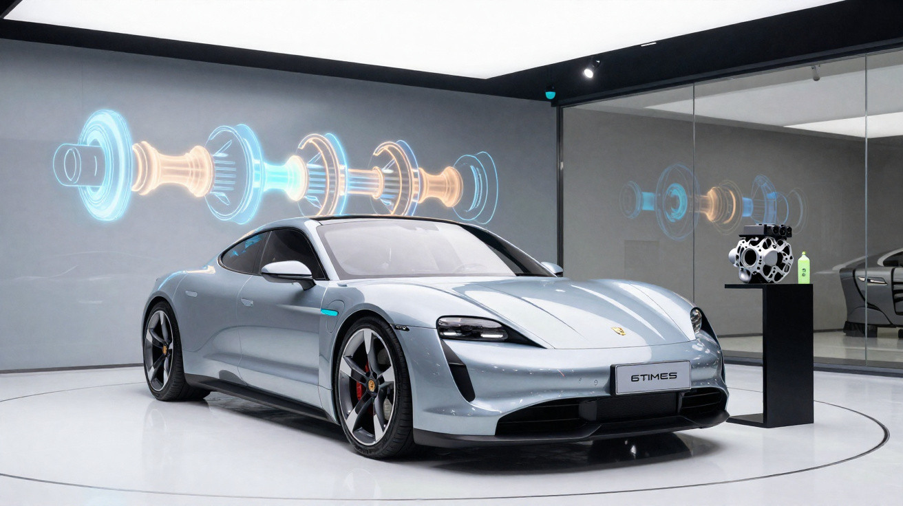 Carro desportivo cinzento exposto em salão com projeção digital ao fundo e motor exibido à direita.