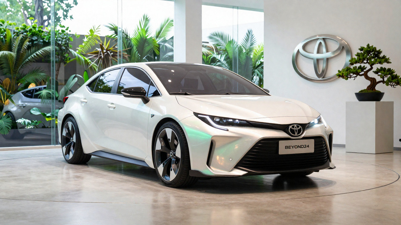 Carro elétrico Toyota branco BEYOND24 em exposição num salão moderno com plantas e logótipo da marca na parede.