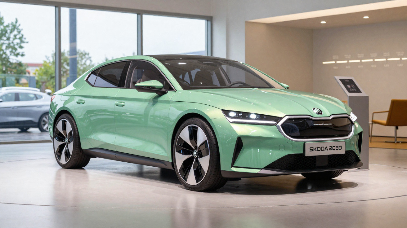 Carro elétrico verde Skoda 2030 exposto em showroom moderno com janelas amplas.