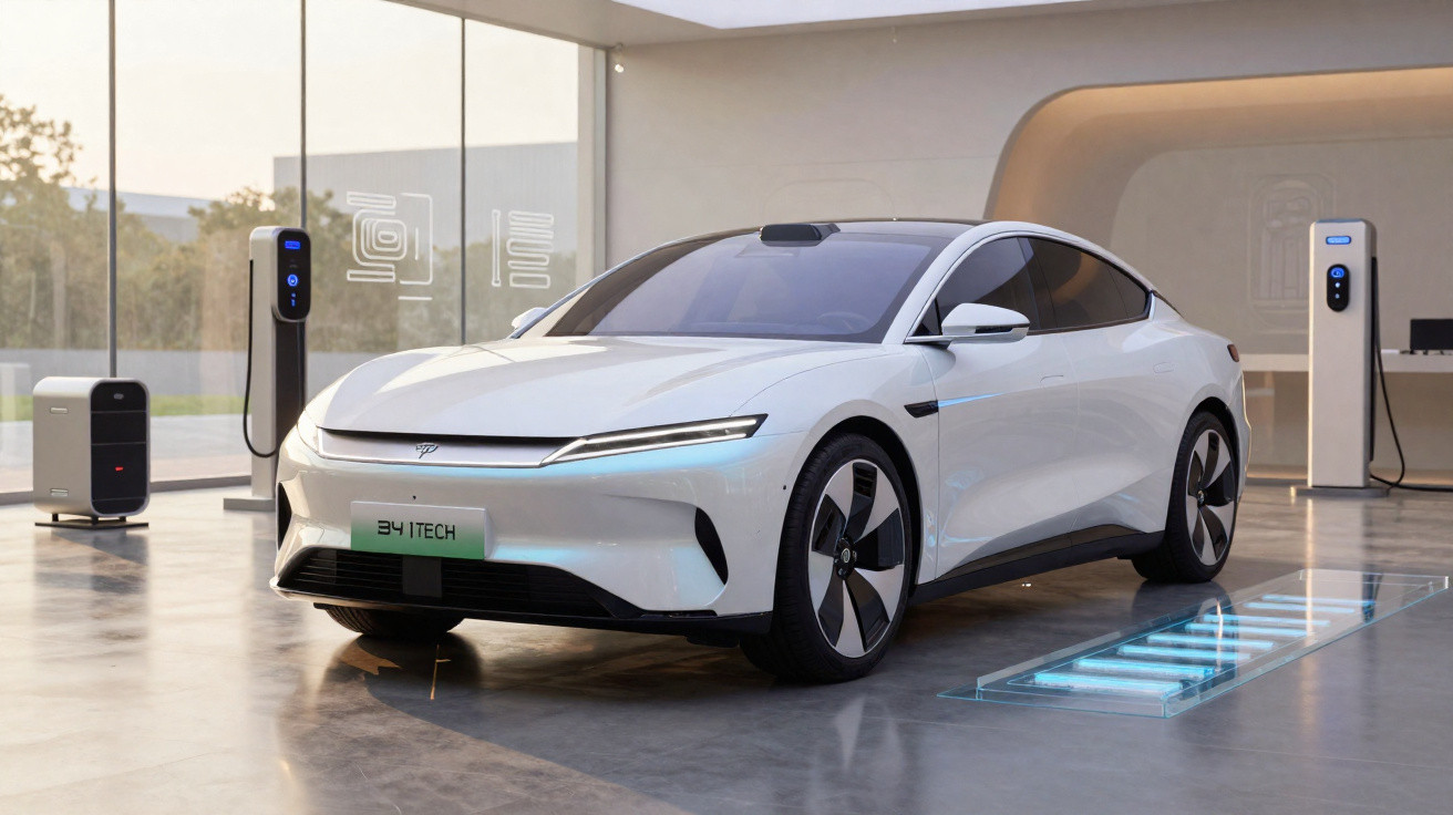 Carro elétrico branco moderno estacionado numa garagem com carregadores elétricos.