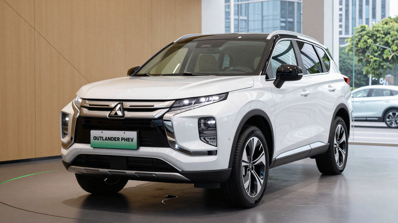 Veículo SUV Mitsubishi Outlander PHEV branco estacionado em showroom moderno com interior em tons neutros.
