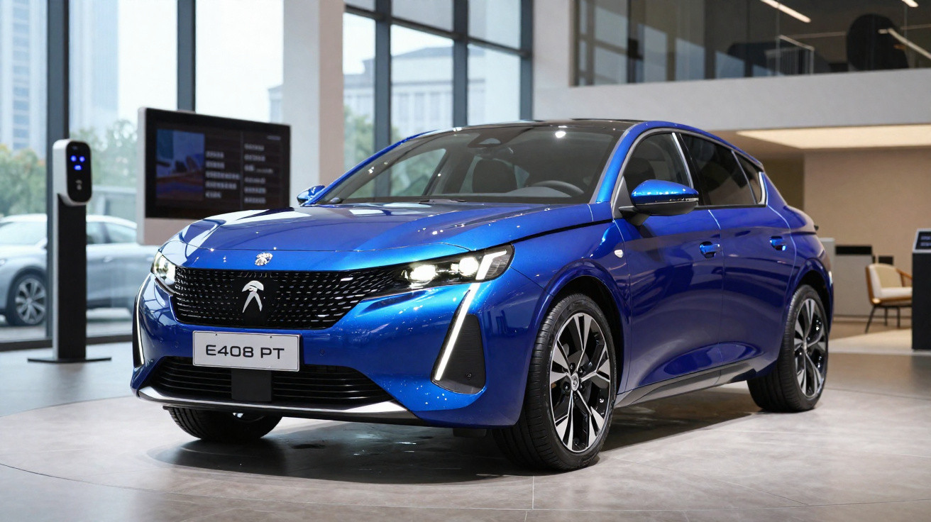 Peugeot elétrico azul estacionado em exposição num espaço moderno com janelas grandes.