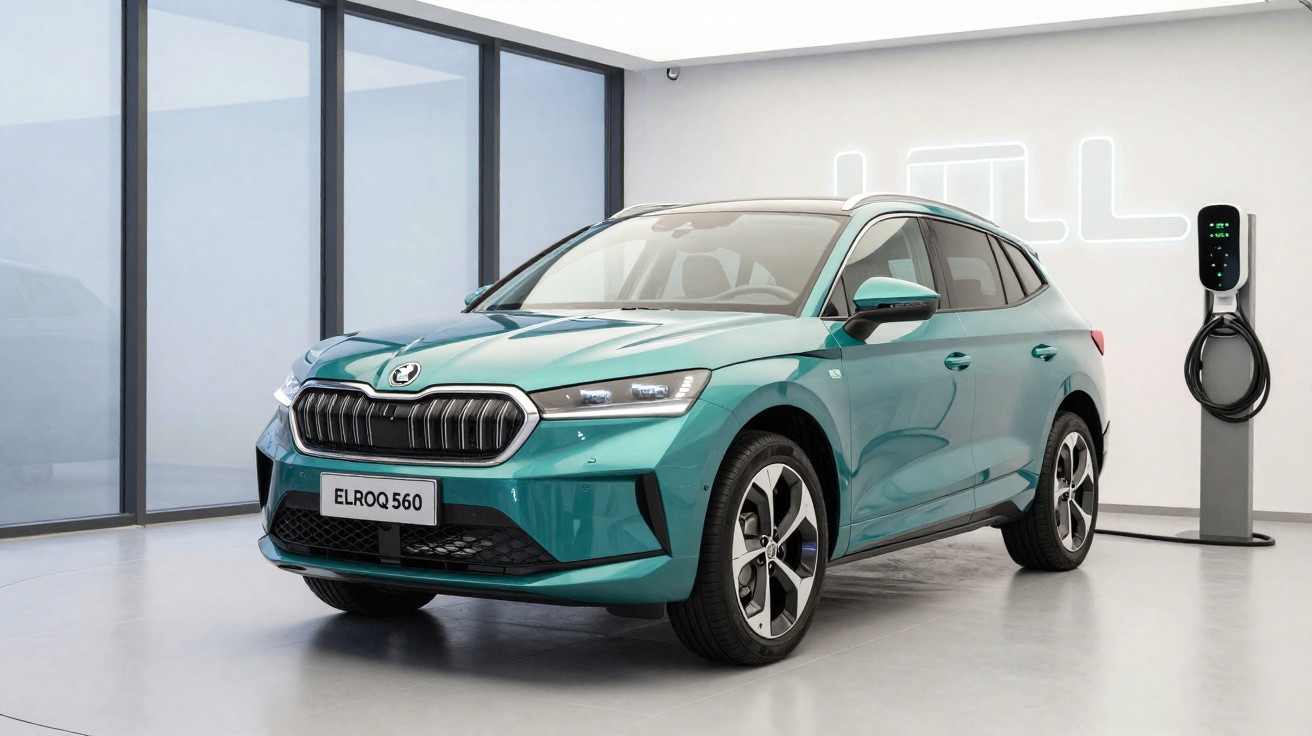 Carro elétrico verde Skoda Elroq 560 estacionado em espaço moderno com carregador elétrico.