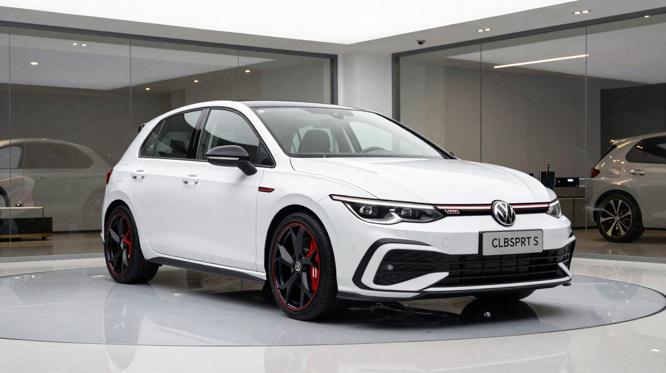 Carro Volkswagen Golf branco estacionado em showroom moderno com rodas desportivas pretas e vermelhas.
