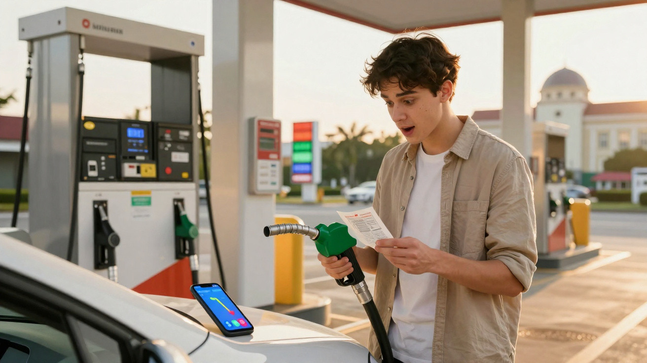 Jovem surpreendido com o preço do combustível na bomba de gasolina, segurando um recibo.