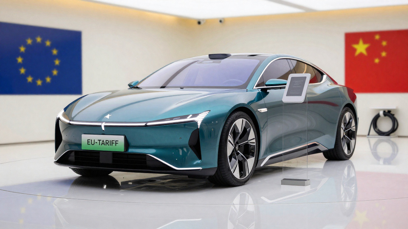 Carro elétrico moderno azul exibido numa sala com bandeiras da União Europeia e China ao fundo.