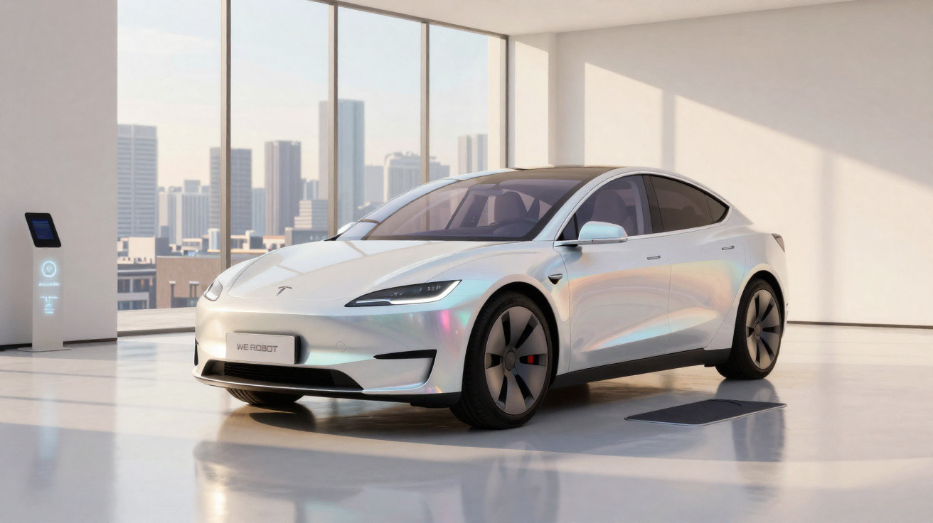 Carro elétrico Tesla modelo futurista branco estacionado numa sala iluminada com janelas grandes e cidade ao fundo.
